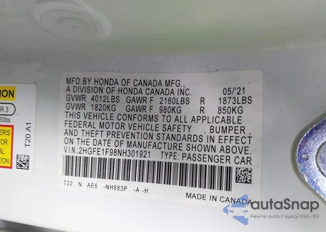 2022 Honda Civic Touring из США, поврежденный, VIN 2HGFE1F98NH301921